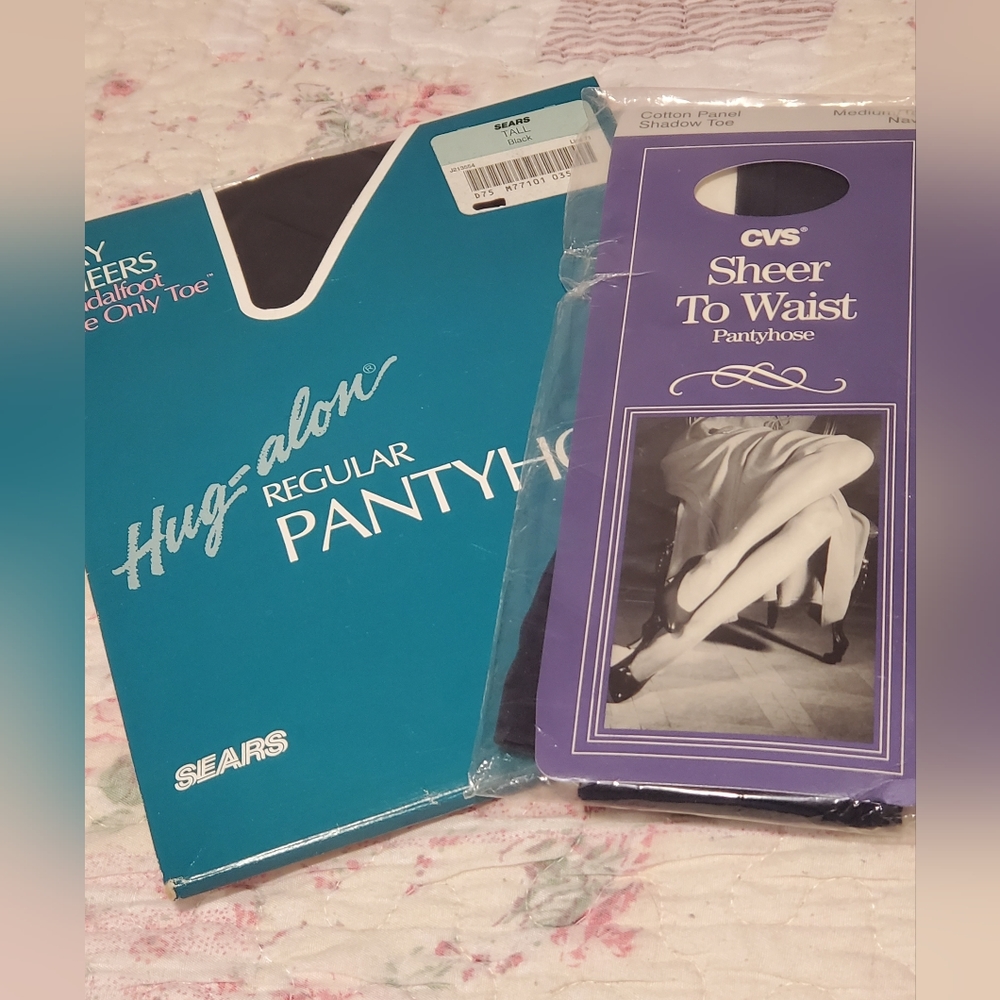 2 Pairs! Vintage Sears & CVS Panty Hose Stockings Hosiery Black, Navy, Size Tall